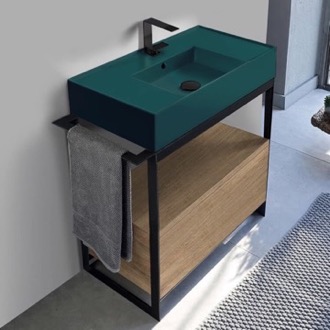 Console Bathroom Vanity Green Sink Bathroom Vanity, Floor Standing, Natural Brown Oak, Modern, 35